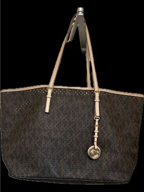 Michael Kors Black Perforated MK Monogram Tote with Beige Trim and Charm
